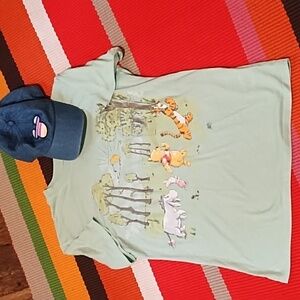 Disney Light Green T-Shirt with Winnie the Pooh and Friends And Disney Cap. NWOT